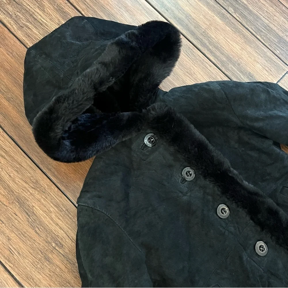 Wilsons Leather Girls Black Suede Fur Trimmed Coat XS Kids Hooded 4 5 Jacket